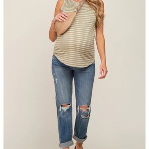 Blue Distressed Knee Rolled Hem Maternity Straight Leg Jeans